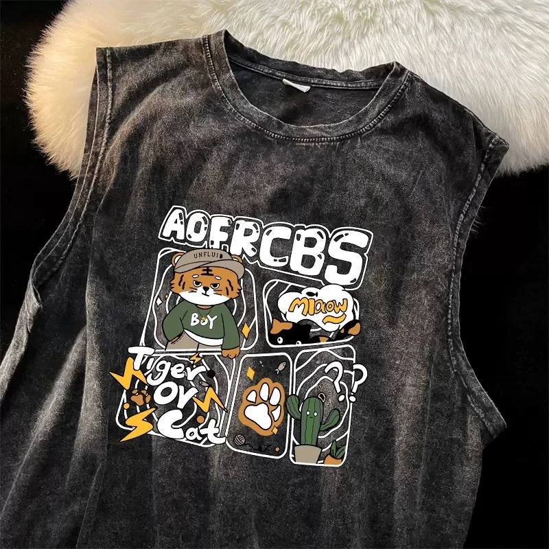 American Do Old Wash Water Vest Men Personality Print Summer Loose Hip Hop Basketball Sleeveless T-shirt Sports Walk