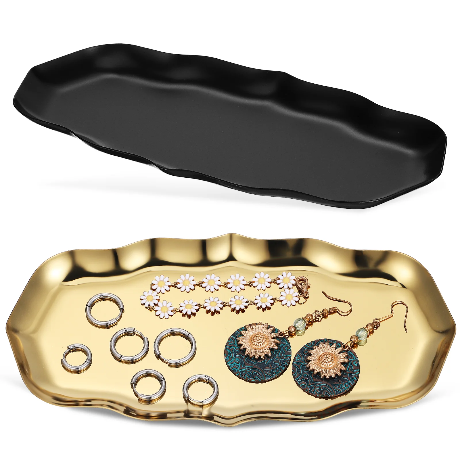 

2 Pcs Vanity Decor Stainless Steel Tray Large Corrugated Metal Jewelry Ring For Trinket Dish Decorate