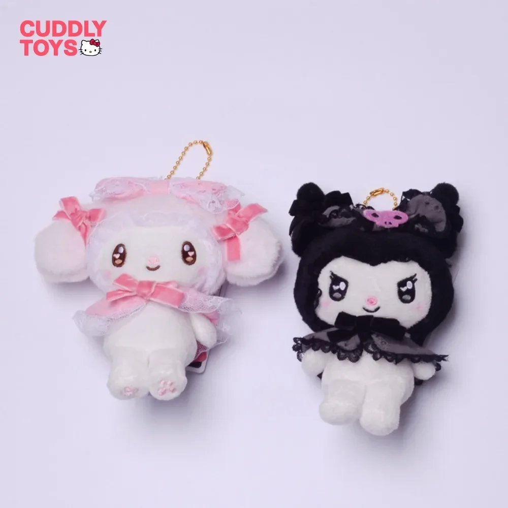 Sanrio Plush Pendant Cartoon Black Lace Bow Series Soft Pp Cotton Kawaii Kuromi Plush Keychain Pendant for Children Girls Gifts sanrio jk stockings hello kitty kuromi fishnet bottoming girly black silk pantyhose sexy stockings girls gift sexy charm gift