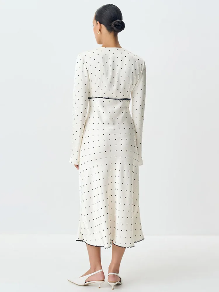 Blifanbo Moda Raso Polka Dot Stampa Maxi Abito Donna Autunno Scollo a V Manica lunga Aderente Patchwork Club Party Abito da sera Nuovo 4