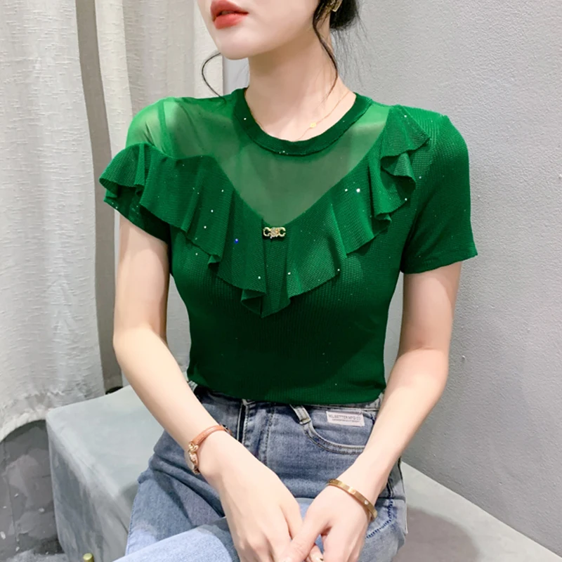 

Fashion Ruffled Women shirt 2024 Summer Mesh Tops Patchwork Round neck Slim Short Sleeve T shirt