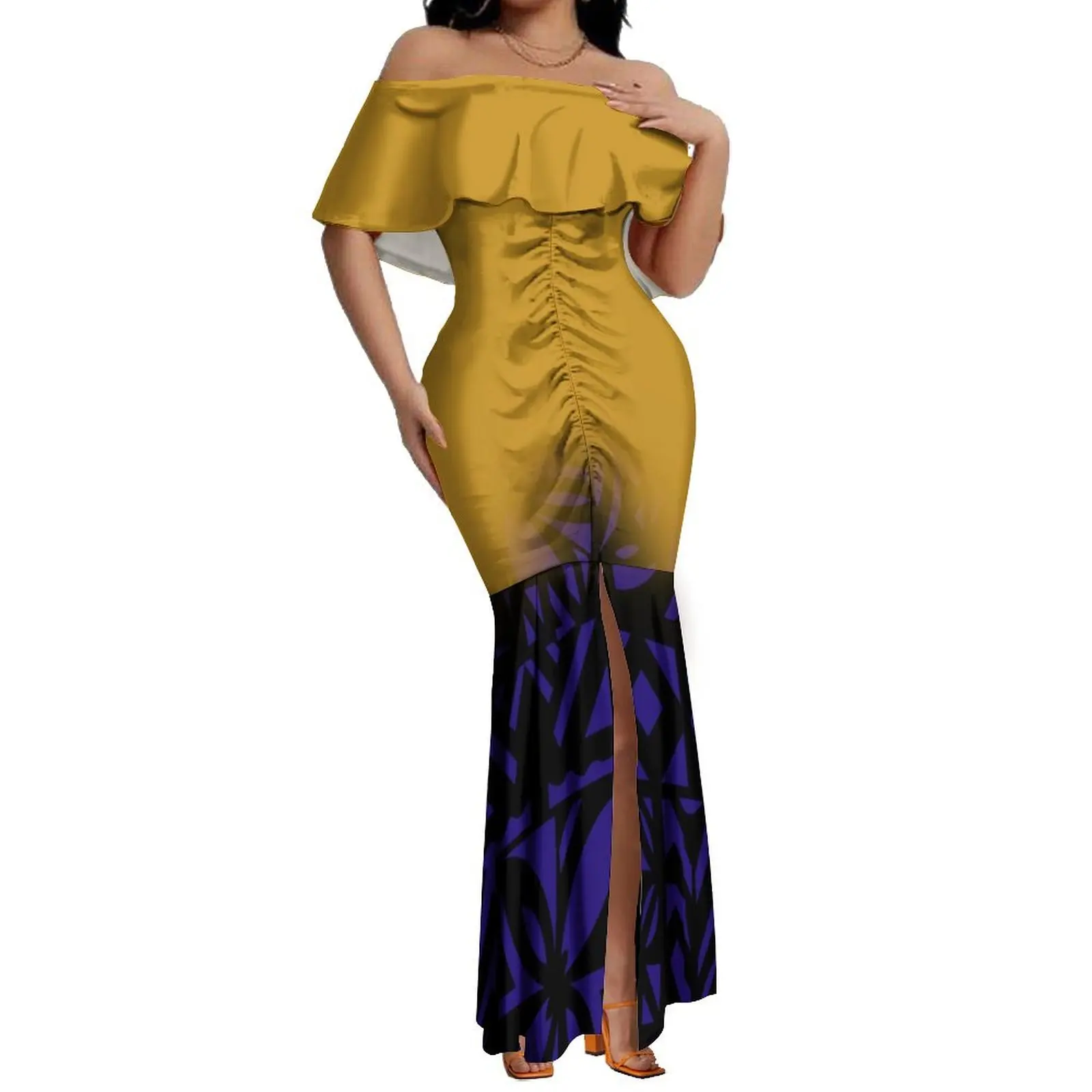 2024 New Hawaiian Gradient Polynesian Island Couple Set Women'S Off-The-Shoulder Dress Party Fishtail Skirt With Men'S Shirt