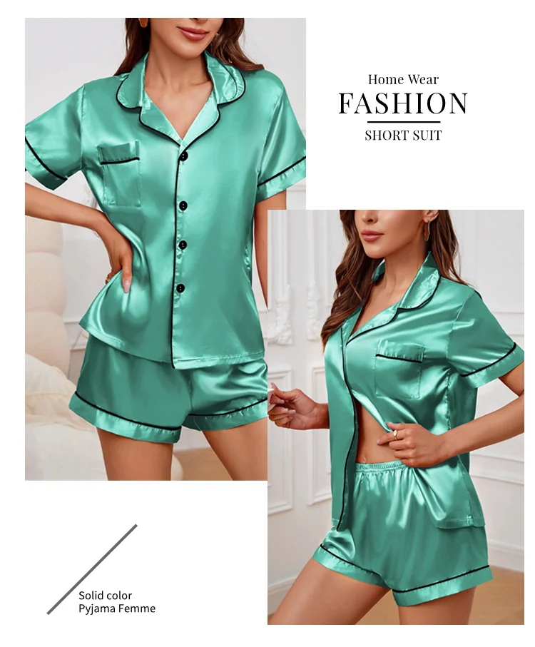 Sommer Seide Satin Frauen Pyjamas Set Button Down Top & Shorts 2 Stück Nachtwäsche gekerbten Kragen Nachtwäsche Lounge wear für Frauen – Detail 23