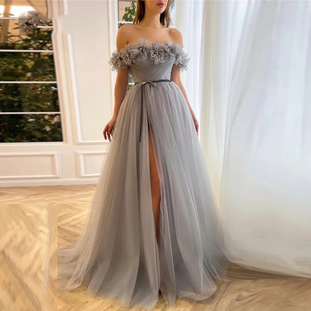 

Elegant Gery Tulle A-Line Prom Dresses Bow Off Shoulder 3D Flowers Party Gowns High Split Vestidos De Noche Sexy Robes De Soirée