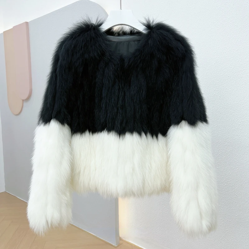 

Женское короткое меховое пальто, теплая зимняя куртка из 2023 натурального Лисьего меха с тканевой полосой
