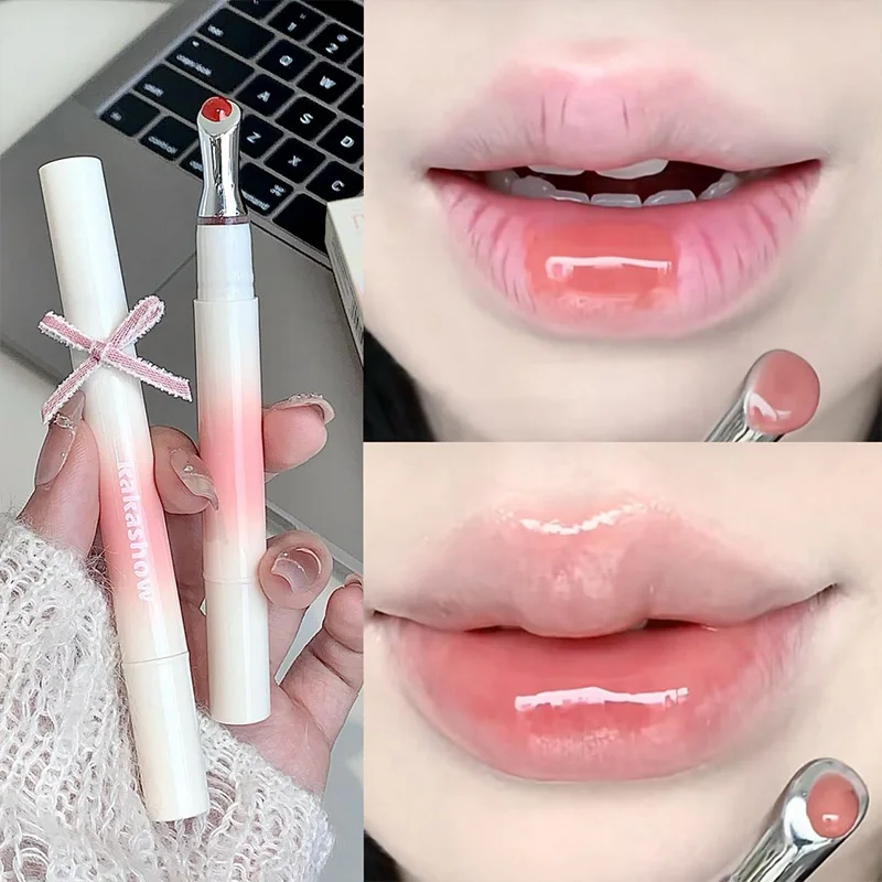 Kakashow Mirror Watery Lip Gloss Iron Brush Head Jelly Moisturizing Lip Tint Lipstick Nature Nude Lips Makeup Cosmetics