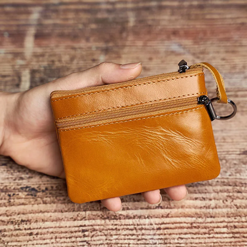 Vintage Brown Genuine Leather Mini Coin Purse with Zipper Pocket by NUPUGOO