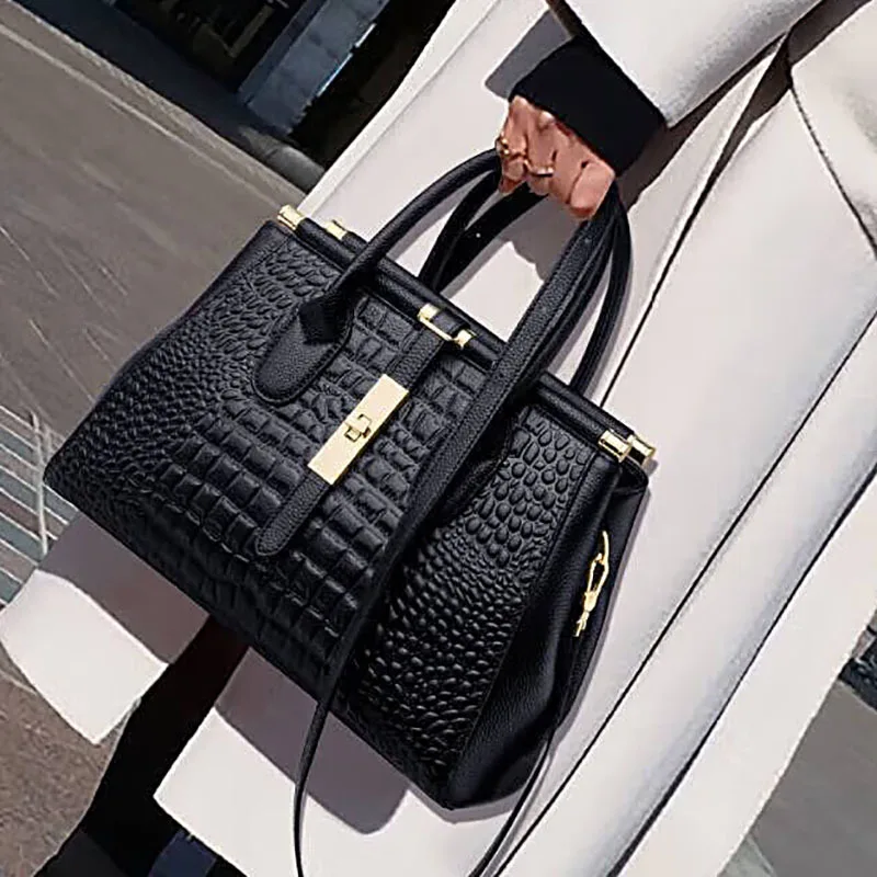 

Retro Crocodile Pattern Genuine Leather Women Tote Bag 2024 Summer Female Fashion Luxury Handbag Nature Cowhide Shoulder Bags