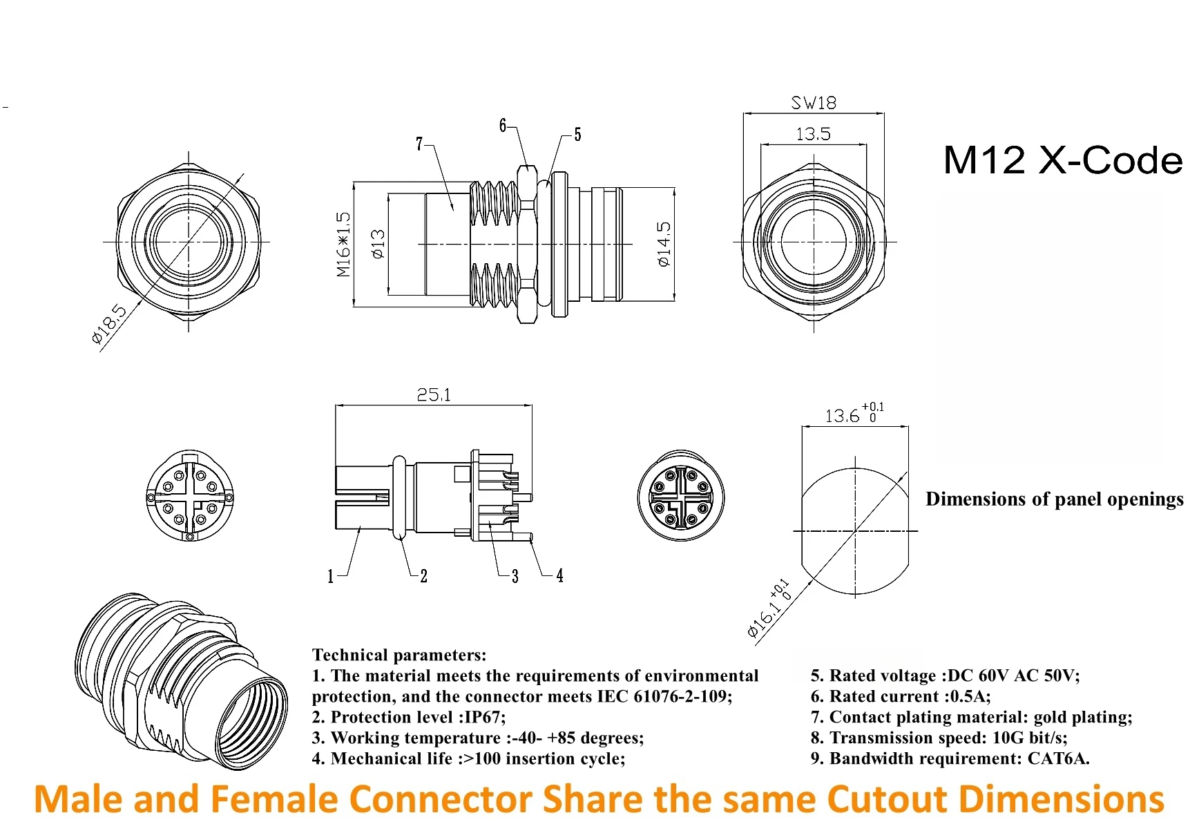 IP67 M12 8-Pin X-Code auf RJ45 Schottwand-Adapter, M12 Stecker auf RJ45 Cat6 Ethernet-Anschlussbuchse für Industriekameras – Detail 1
