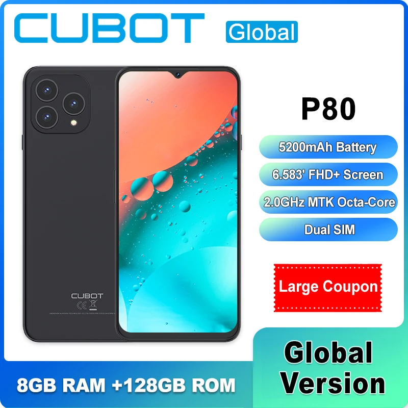 

Cubot P80 6.583' FHD+ Screen Smartphone 8GB RAM+256GB ROM Android 13 48MP Camera NFC 5200mAh Battery 2023 Global Version