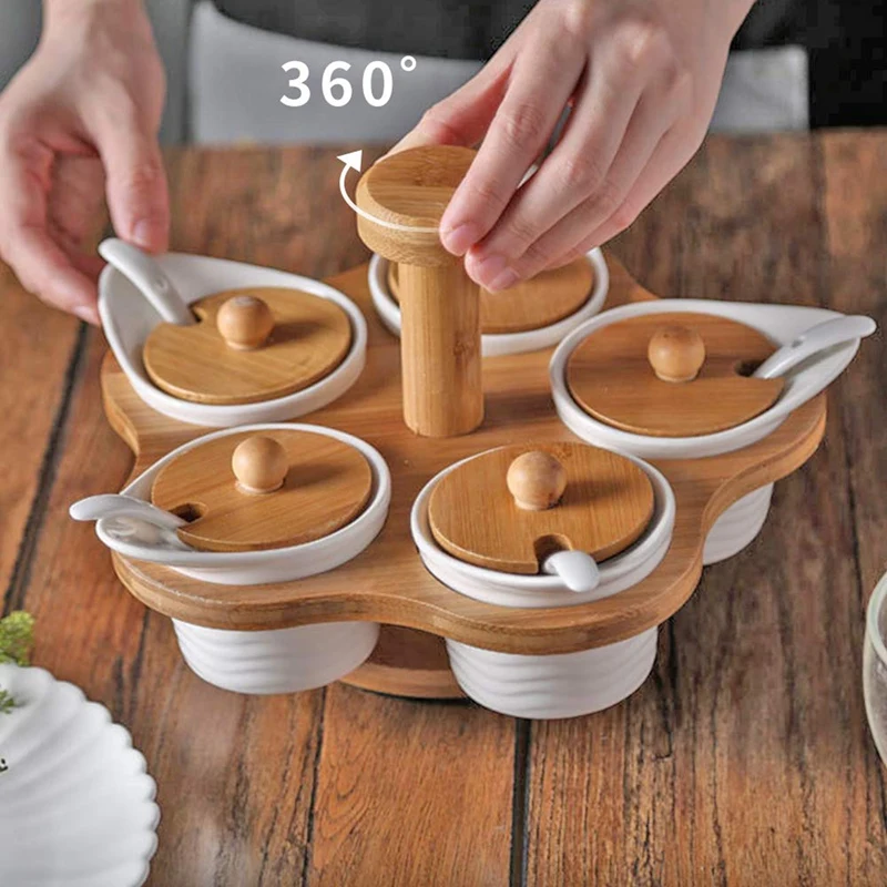 

5 Pcs Ceramic Condiment Pots With 360° Rotatable Rack & Lids And Spoons Spice Jars, Sugar Bowl Salt Seasoning Container