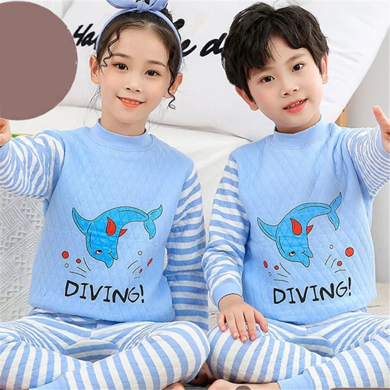 Children Underwear Suits Children Clothes Cartoon Style Children Cotton Thermal Underwear Suit Three-layer Thick Warm Clothing Boys Girls Winter Soft Home Clothes Pajamas