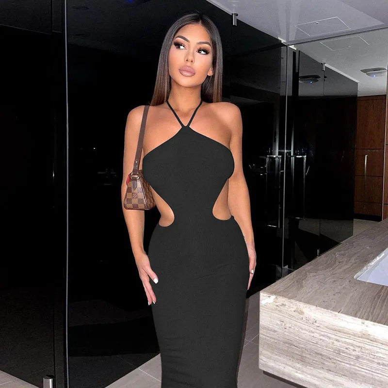 Maxi Dress Ribbed Lace up Women Sexy Solid Sleeveless Backless Body-Shaping  Cut Out Skirt Party Clubwear Female Vestidos - AliExpress
