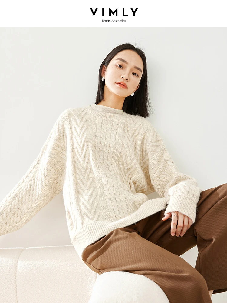 

Vimly Wool Blend Thick Sweater Long Drop Sleeve O-neck Knitted Pullovers 2023 Winter New Warm Casual Loose Knitwears Women 16275