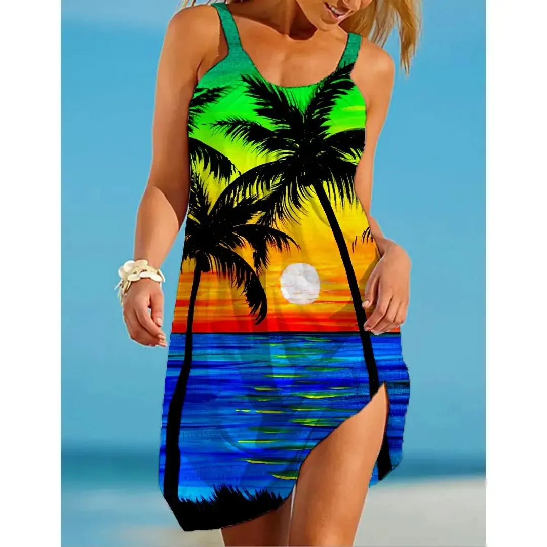 

New Boho Nature Scenery Sexy Women Beach Dress 3D Print Off Shoulder Sleeveless Sundress Summer Holiday Beachwear Night Dresses