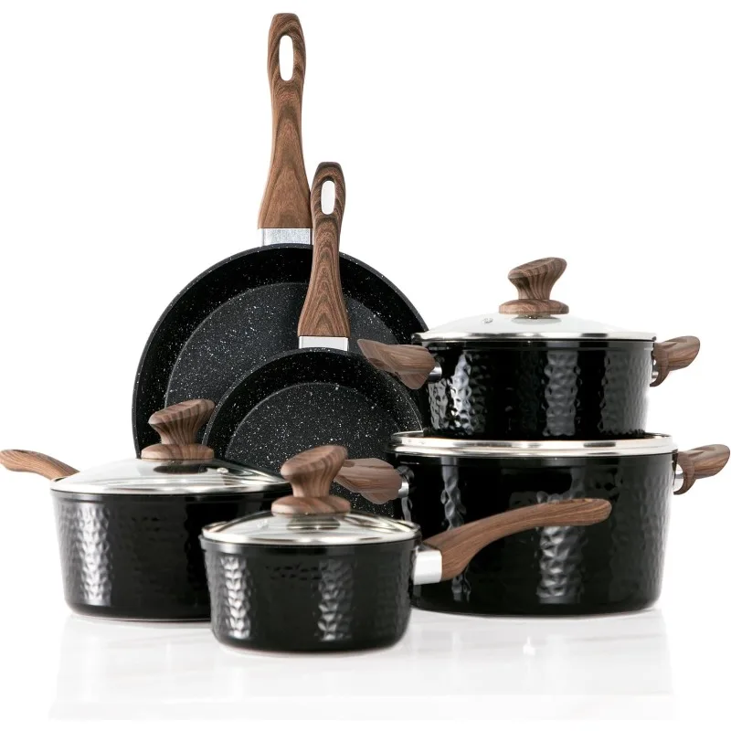 Kitchen Academy Induction Cookware Sets-15 Pcs Black Hammered Cooking Pans Set, Healthy Granite Nonstick Pots and Pans Set