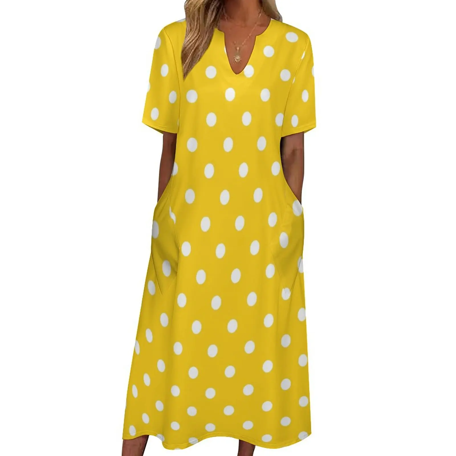 

Yellow Polka Dots Dress Spring Retro Print Aesthetic Bohemia Long Dresses Female Custom Vintage Maxi Dress Big Size 4XL 5XL