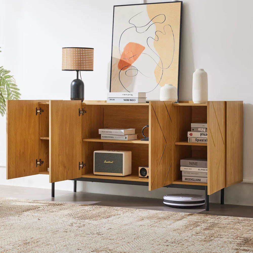 PINGGO Modernes Sideboard Wohnzimmer 4 Türen Metalleinlage Buffet Schrank Vielseitig Naturholz 78x160x40cm – Detail 11