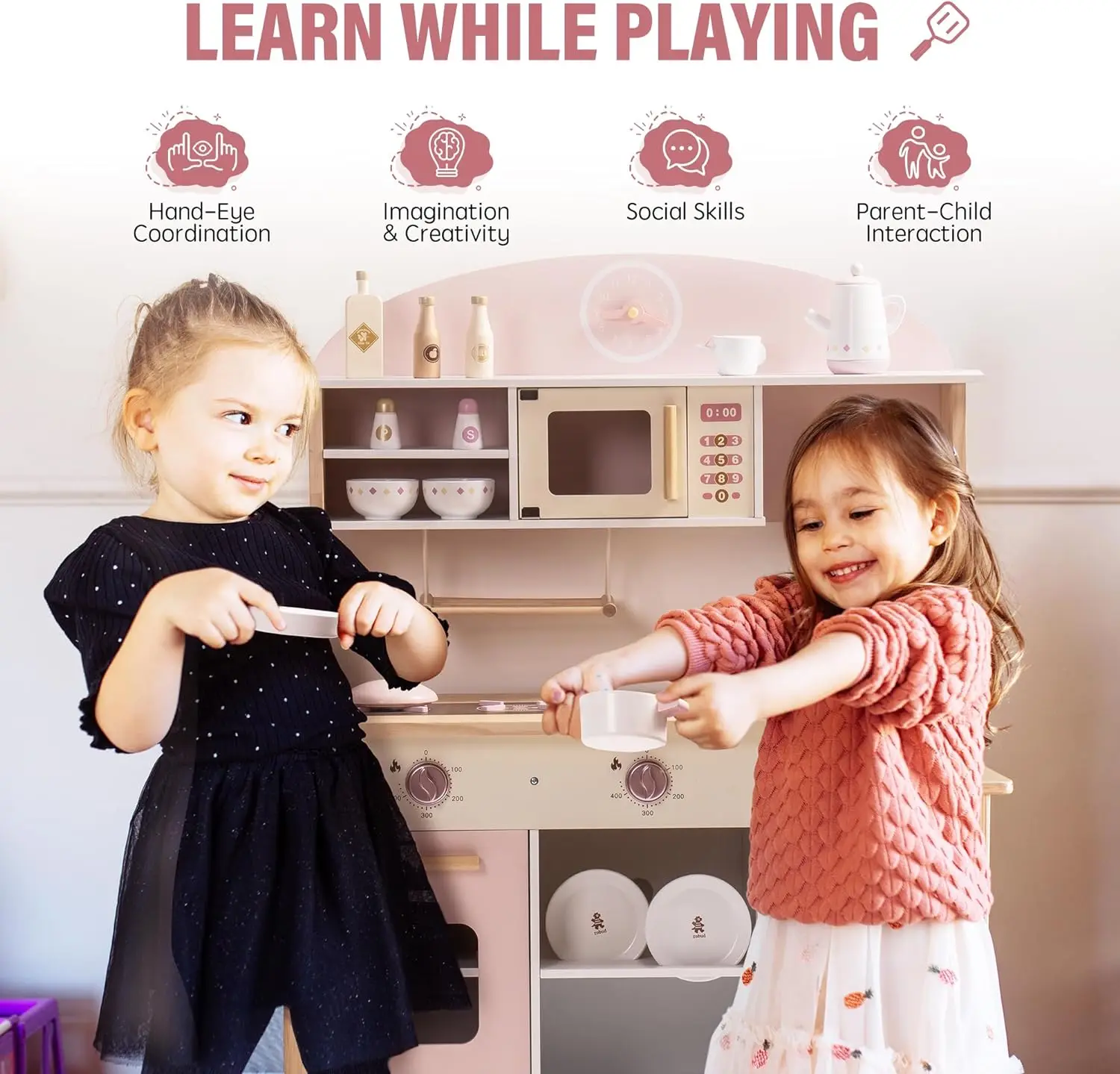 Rubud Wooden Play Kitchen with Realistic Accessories Toy Kitchen Set with Play Features Modern Style Toy Kitchen for Girls Boys 4