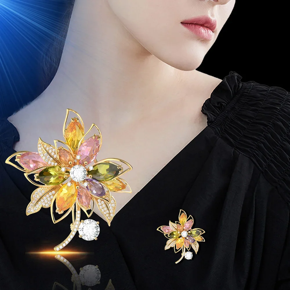 Crystal Flower Brooch Pins for Women Girls Colorful Flower Brooches Plant Elegant Badge Jewelry Fashion Wedding Party Gifts