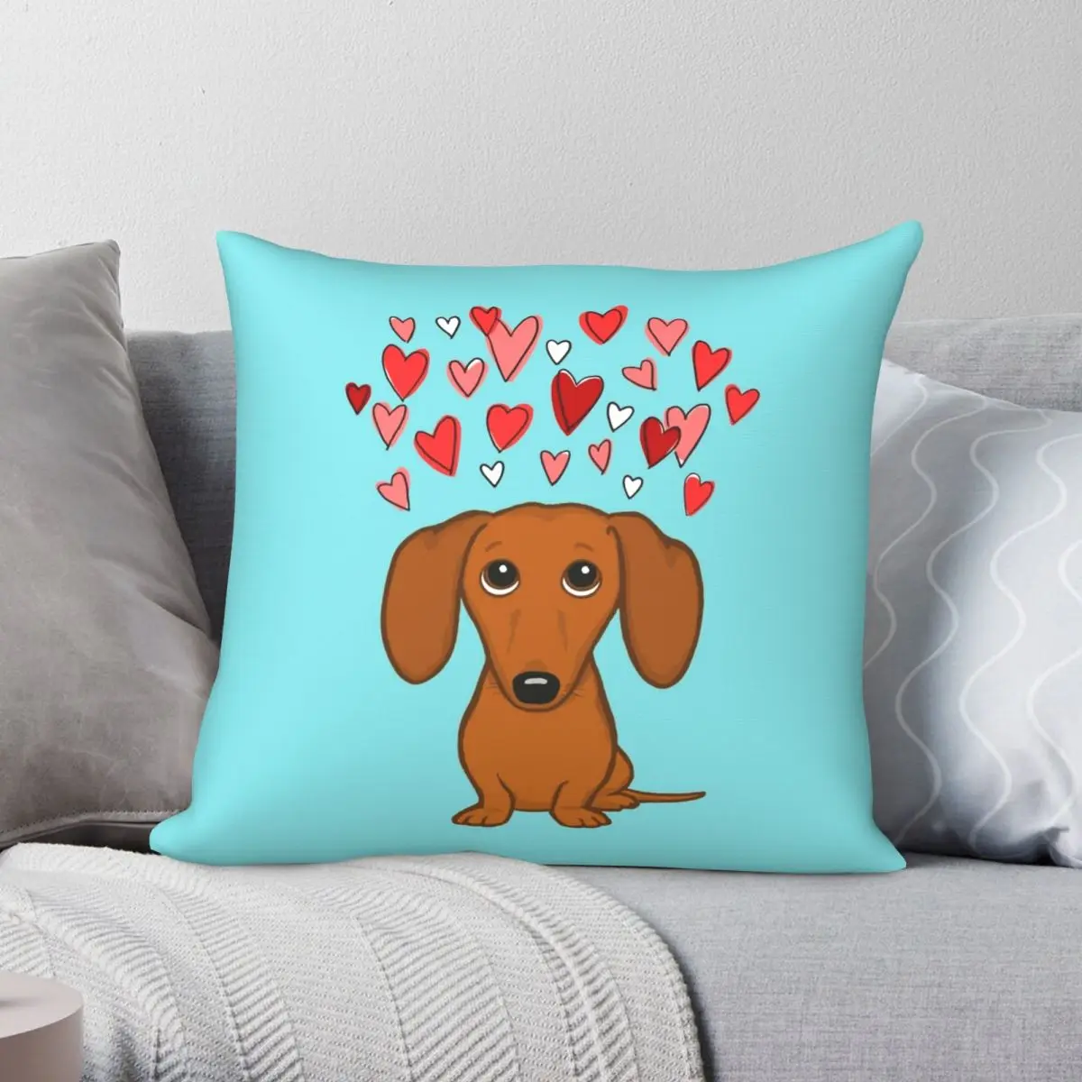 

Cute Dachshund With Hearts Pillowcase Polyester Linen Velvet Pattern Zip Decor Throw Pillow Case Home Cushion Cover