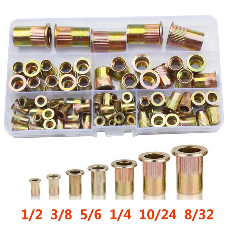 Aço Carbono Zinco Chapeado Rivet Nut Rivet Nuts Flat Head Rebitando Ferramenta Melhoria Home 16 10 24 32 75pc Set