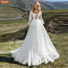 Sexy White Long Sleeves Wedding Gown O Neck Appliqued 2022 Robe De Mariage Tulle Beach Bride Dresses High Quality Abiti Da Sposa 