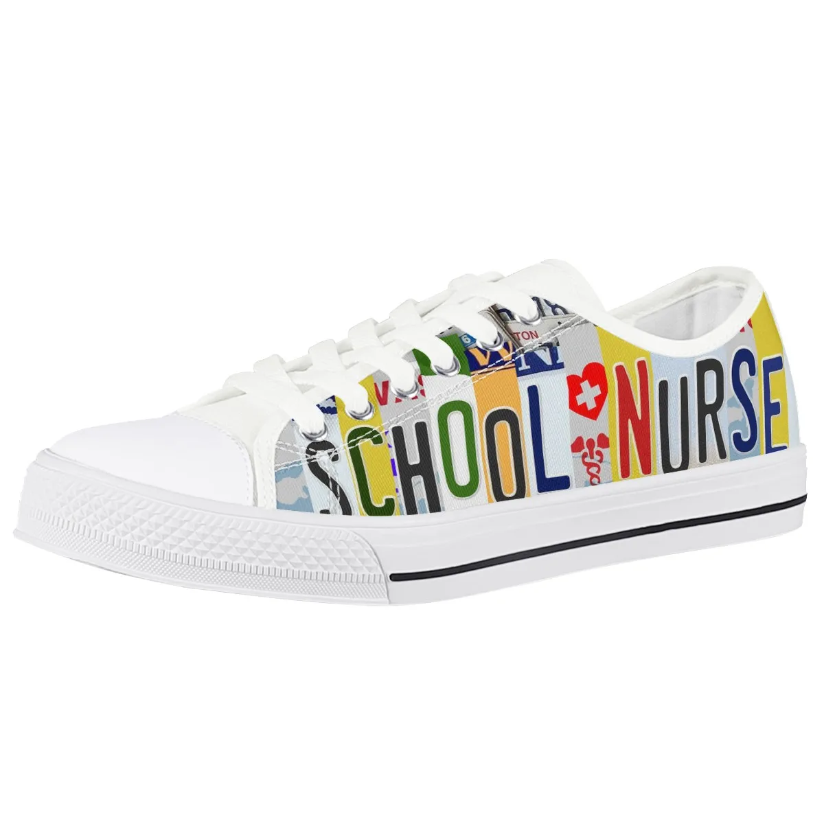 Women's Fashion Vulcanize Shoes New Retro License Plate School Nurse Canvas Shoes Flat Fashion Comfortable High Shoes