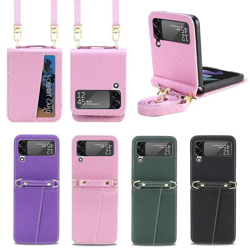 

For Samsung Galaxy Z FLIP4 Conjoined lanyard card small square leather case for Samsung Z FLIP3 phone case holster