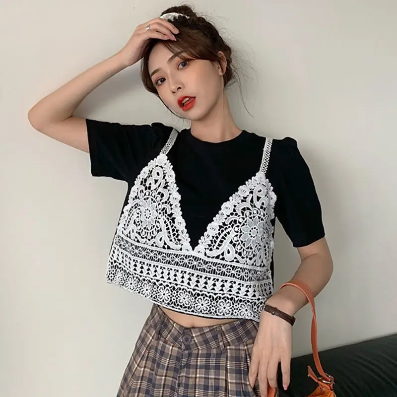Short Sleeve T-Shirts Women Lace O-neck Summer Cropped Ladies Fake 2 Pieces Cozy Tops Simple Sweet Leisure All-match Students