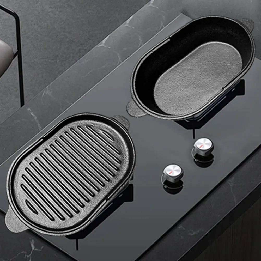 11 X 6.3in Cast Iron Griddle Pan Oval Griddle Reversible Grill Pan 2-in-1 Skillet for Indoor & Outdoor Cooking
