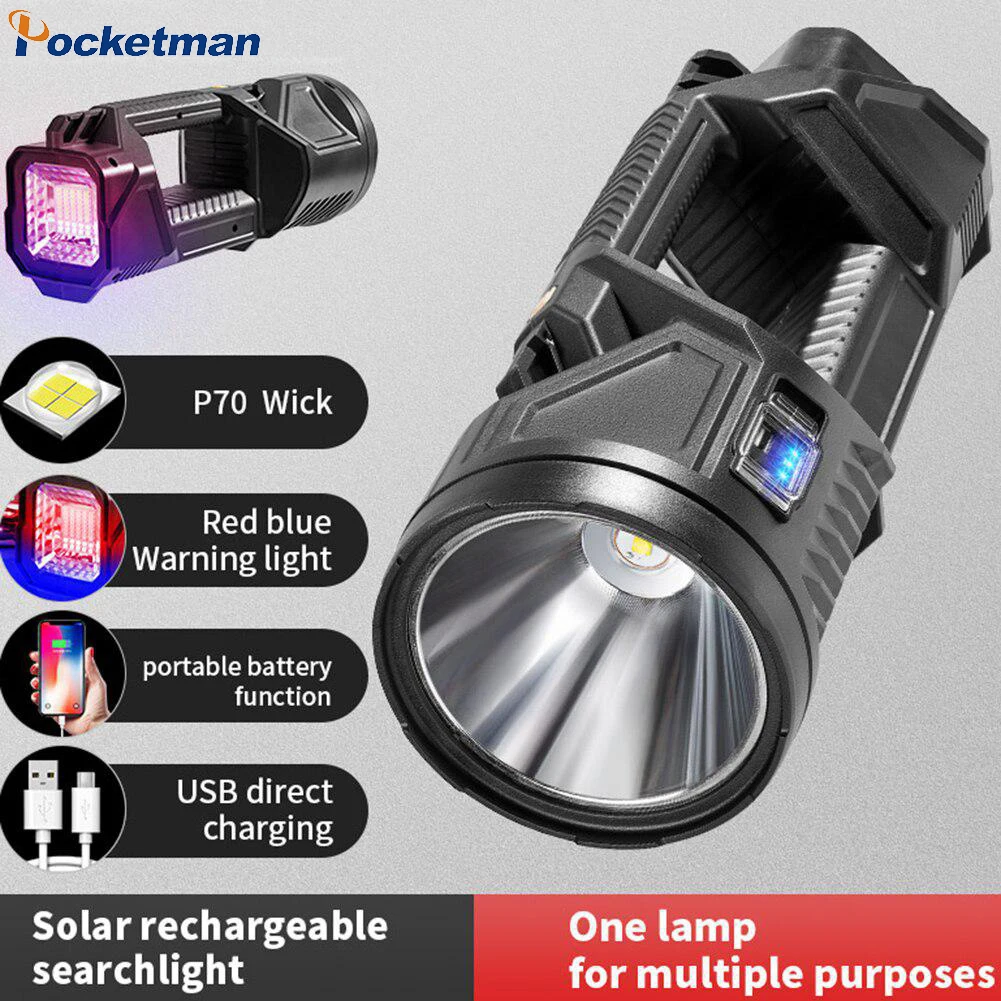 LED Flashlight USB Solar Rechargeable Spotlight Fishing Camping Lantern Tail Double headed Lighting Searchlight Waterproof Torch