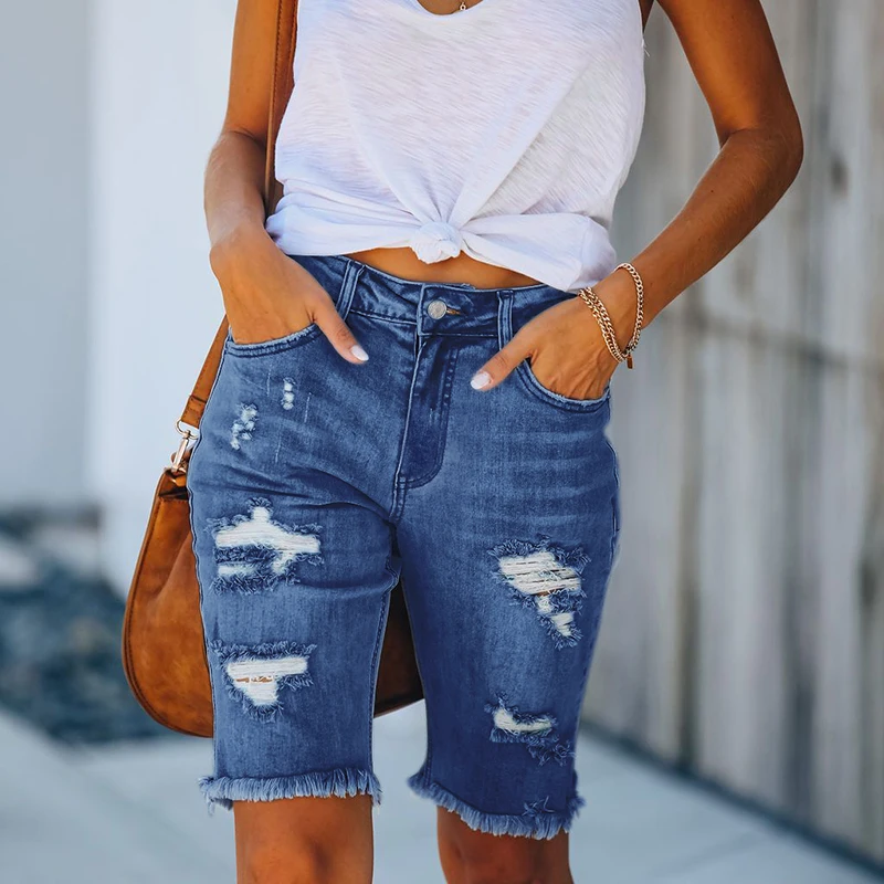 Summer 2022 Vintage Thin Midi Trousers Denim Washed Jeans Women Fashion Tassel Ripped Hole Tight Five-point Pocket Shorts Pants