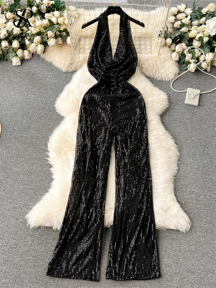 SINGREINY American Senior Sequin Jumpsuit Solid Bodycon Long Romper Fashion  Halter Neck Swing Collar Backless Sexy Long Rompers - AliExpress 200000345