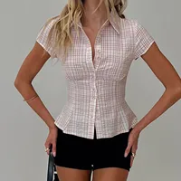 hirigin Women's Y2K Short Sleeve Plaid Button Down Shirt Button Down Blouses Tops Casual Summer Shirt Tops 90s Streetwear 5