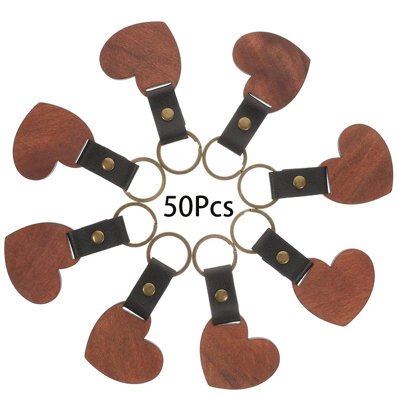 

50Pcs DIY Wooden Keychain Spade Wood Keyrings Ornament Metal Leather Keyring