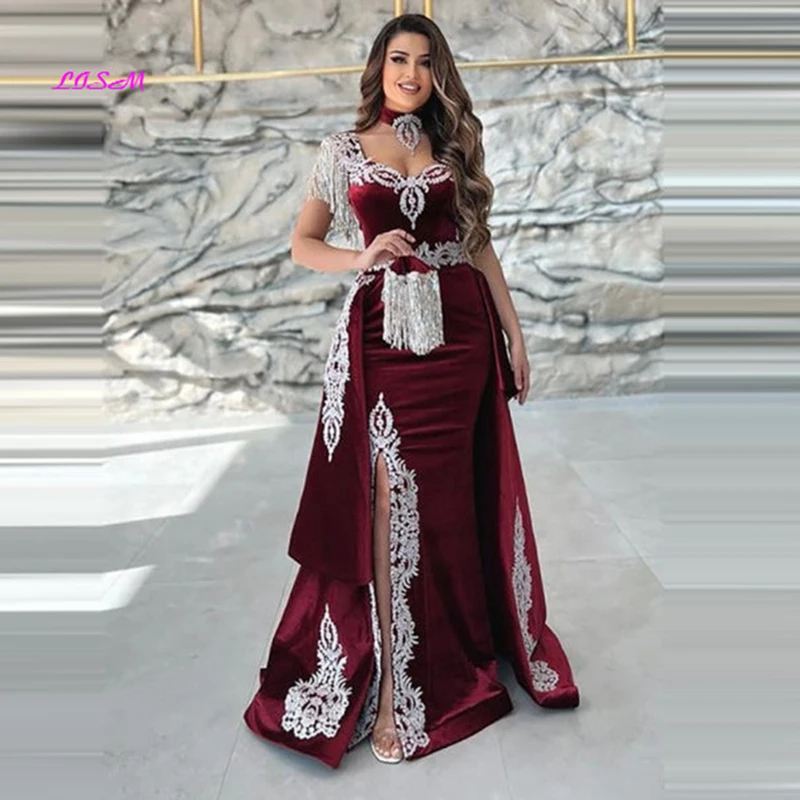 Gorgeous Burgundy Sweetheart Velvet Mermaid Prom Dress Elegant Applique Sleeveless Split Evening Party Gowns With Removable Tail red elegant long prom dress luxury sweetheart sleeveless appliques mermaid ruffles gown women formal evening party gowns