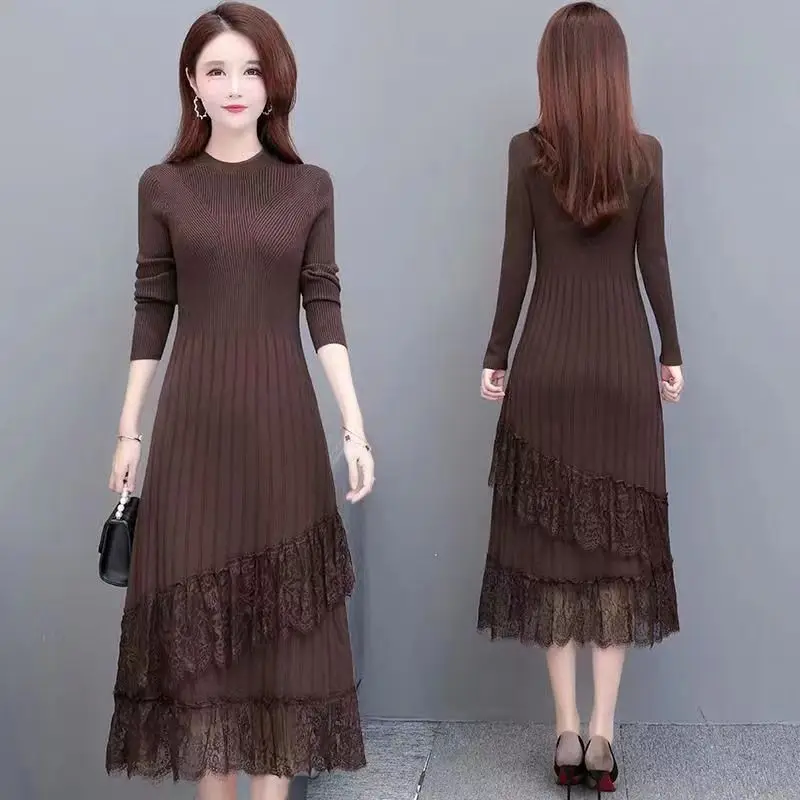 

Female O-neck Thick Knitted Dress Loose Knitwear Midi es Elegant Casual Sweater Vestidos Ladies New Robe G890