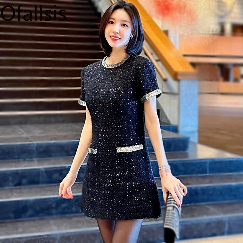 

Ofallsis Pocket Thick Tweed Sequin Small Fragrant Style Dress 2024 Spring Autumn New Style Slim Women's Straight Short Dresses