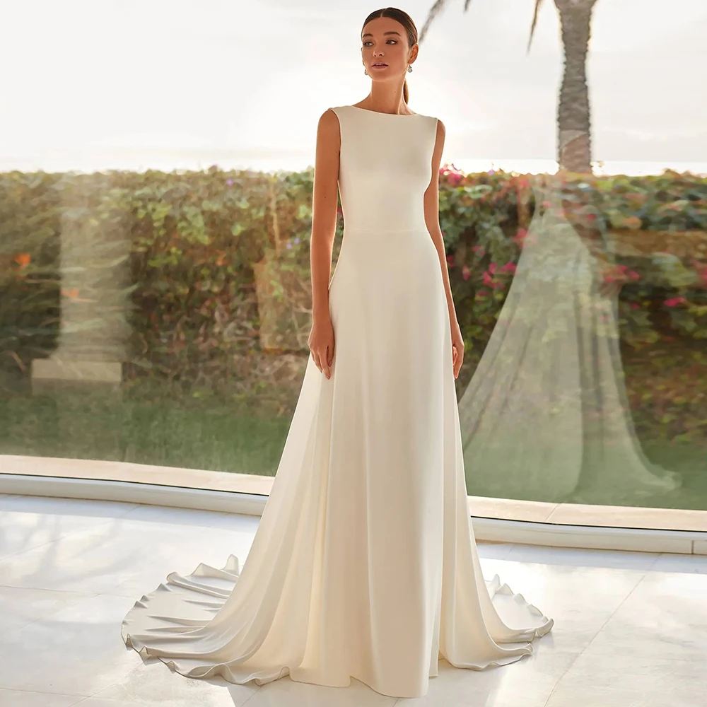 Pure Ivory O-Neck Jersey Wedding Dresses with Open Back and Sweep Train Minimalist Pleats Sleeveless Bridal Gowns Made wedding dresses