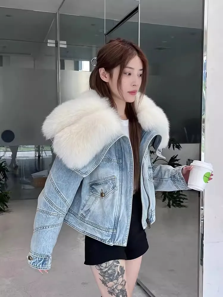 Women Fashion Fox Fur Big Turn-Down Collar Zipper Denim Jacket