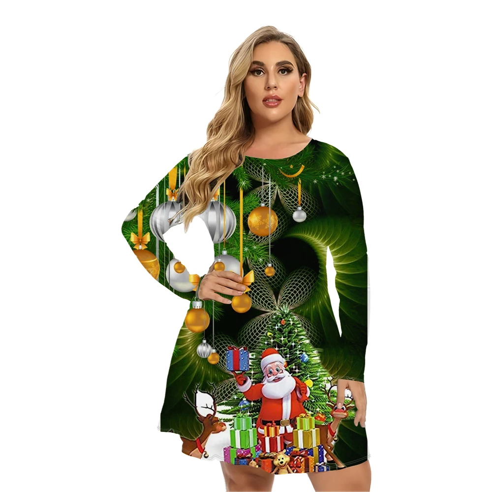 Women's Christmas Long Sleeve Dress - Stretchy Casual Dress With Santa Print For Holiday Parties (Plus Sizes Available)