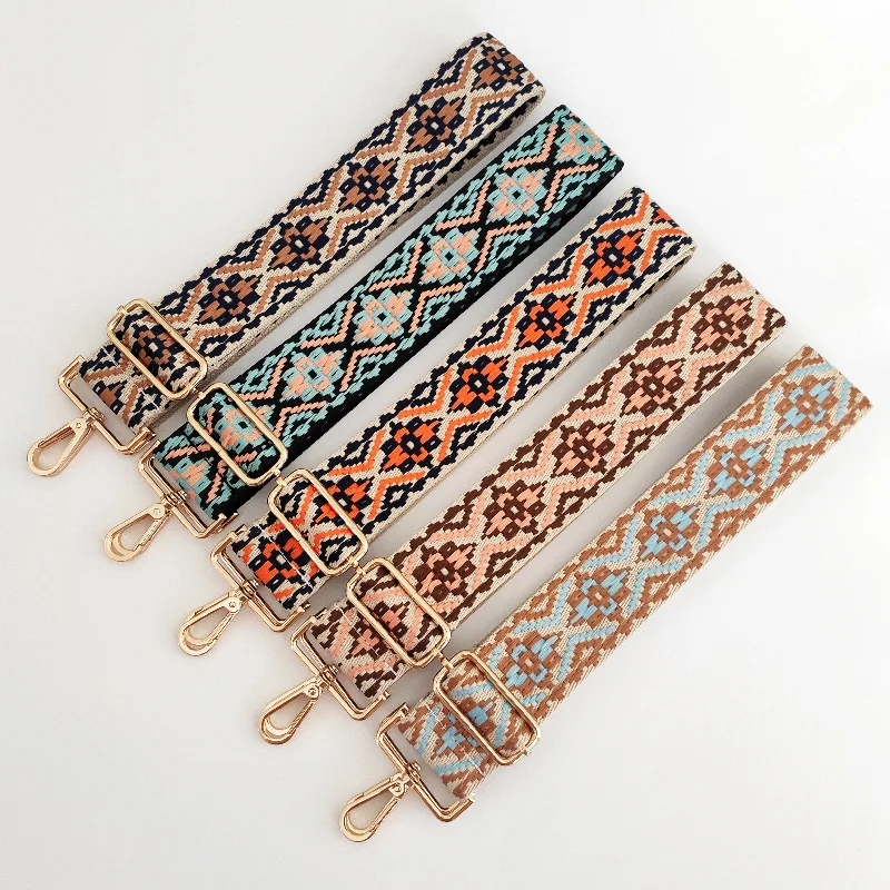 2023 Winter New Light Colorful Ethnic Style Jacquard Wide Shoulder Strap Adjustable Single 5cm Crossbody Bag Accessory Wholesale