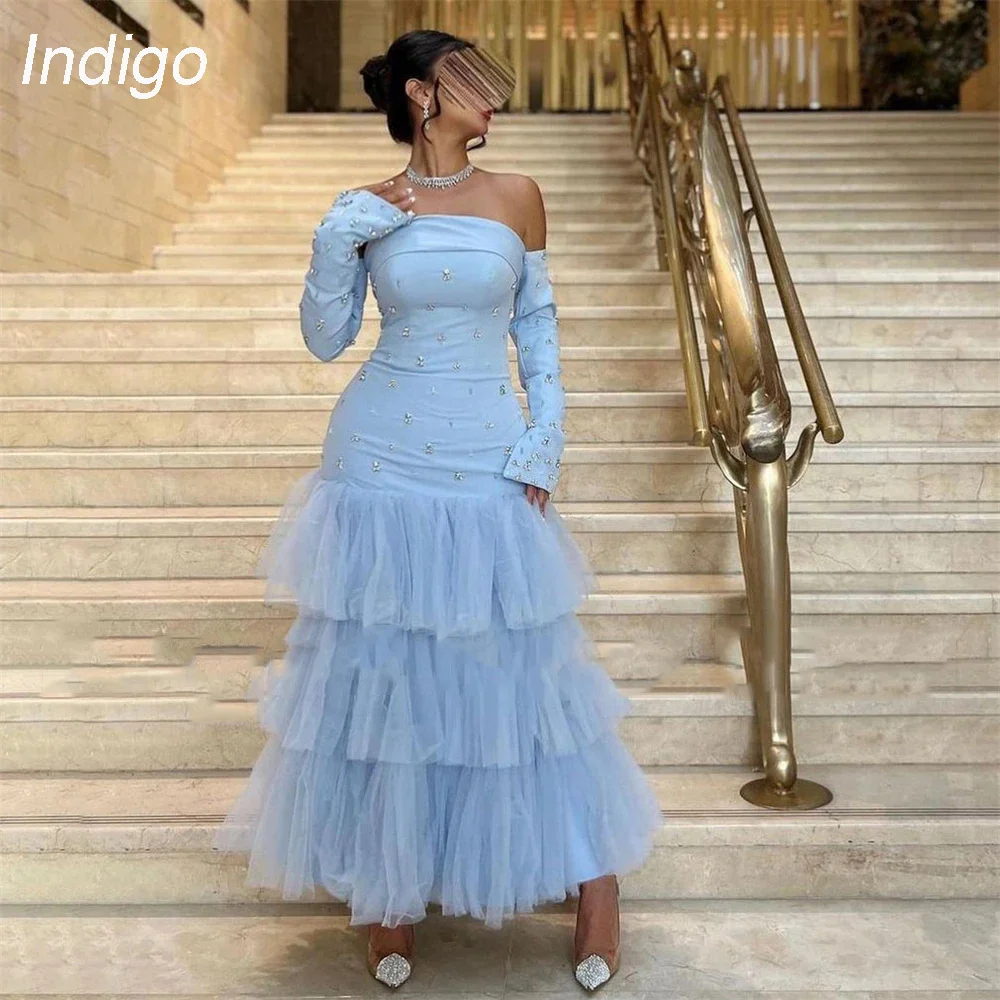 

Indigo Prom Dress A-Line Long Sleeve Off The Shoulder Tiered Beading Strapless Satin Elegant Evening Gowns For Women فساتين الس