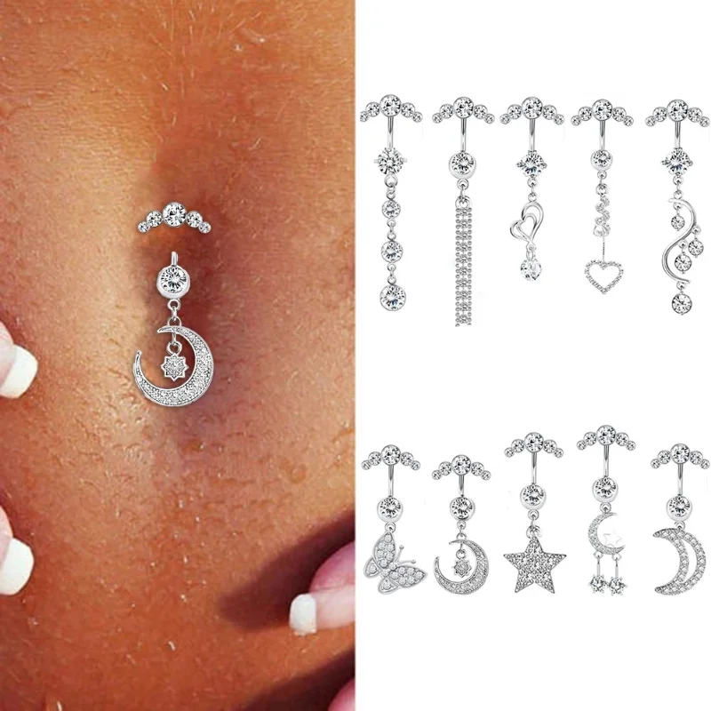 

New 5 Crystal Steel Belly Button Sexy Navel Piercing Navel Women Dangling Body Navel Jewelry Belly Button Rings Charm