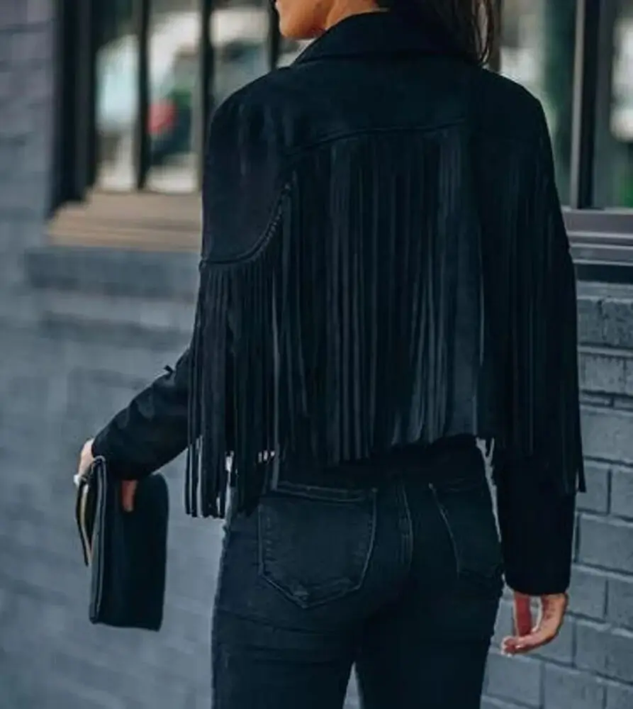 Women Black Jacket 100% Genuine Pure Soft Suede Leather Fringe Coat
