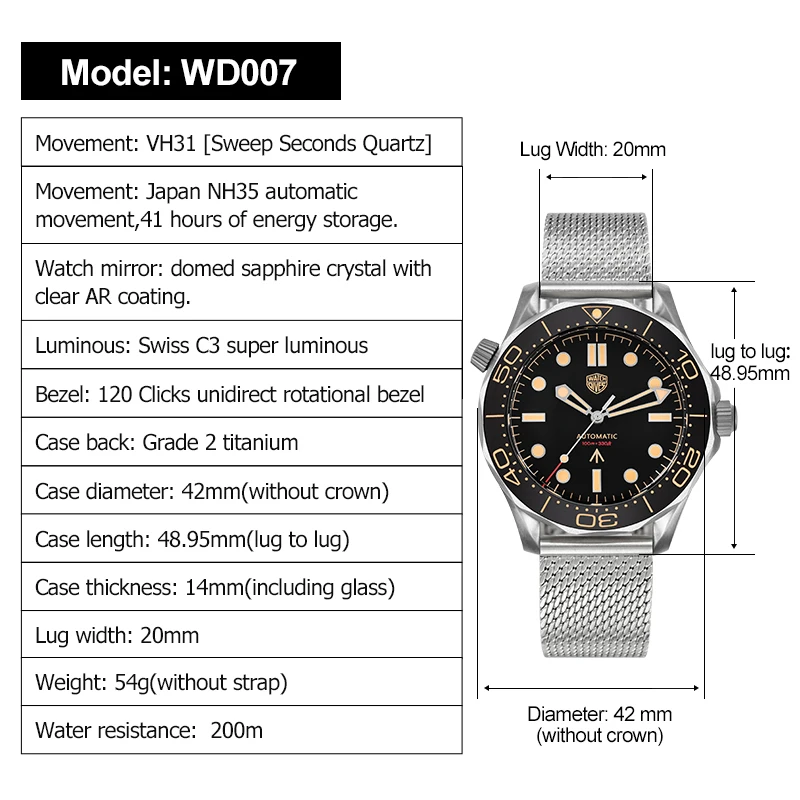 Watchdives NTTD Titanium Dive Watch WD007 NH35 Automatic Domed Sapphire Crystal C3 Super Luminous 100m Waterproof Wristwatch