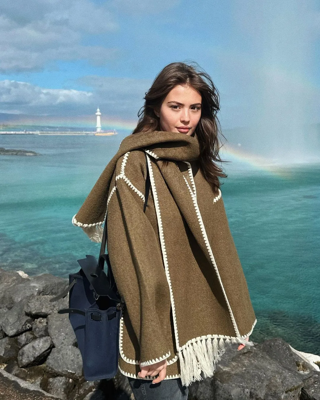 Women's Autumn Fashion Pocket Woolen Scarf Coat Casual Style Blast Street Loose Fit