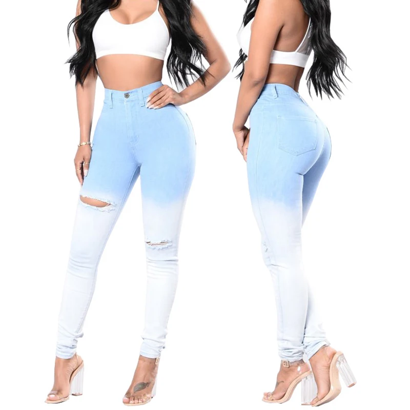Skinny Jeans Women Pencil Pants Sexy Denim Trousers Casual Pants Broken Holes Blue and White Fade Gradient Color Ripped Fashion