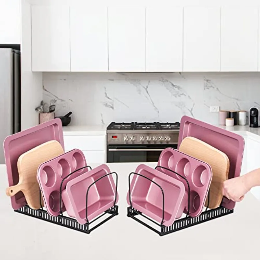 10+ Bakeware Organizer Rack for Kitchen Bakeware Cookware Dinnerware Cutting Boards Plates Pot and Pan Lids Black